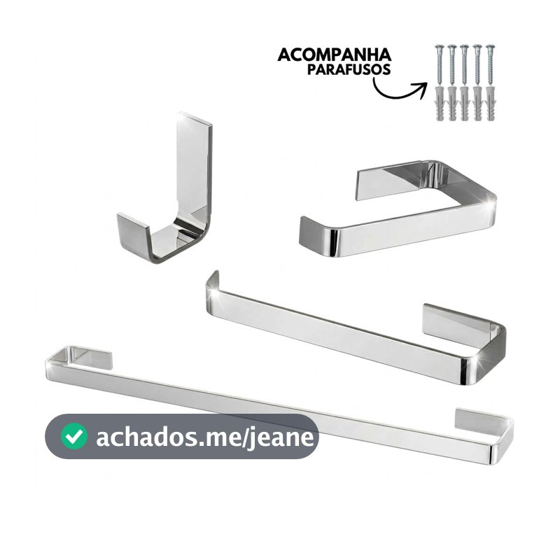 Kit Acessórios Para Banheiro 4 Peças Inox Completo Quadrado Slim Cromado