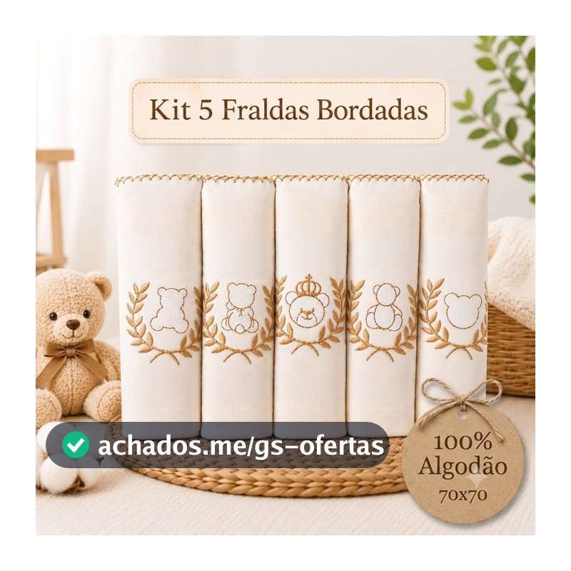 Kit Fralda de Pano Bebê Bordada 70x70 Algodão Enxoval Recém Nascido 5 10 15 Unidades