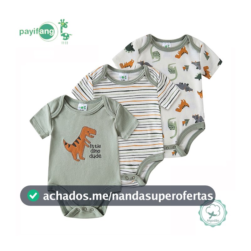 Conjunto 3 Body de Bebê Algodão e Poliéster Manga Curta Estampa Dinossauro T-Rex Roupa Infantil