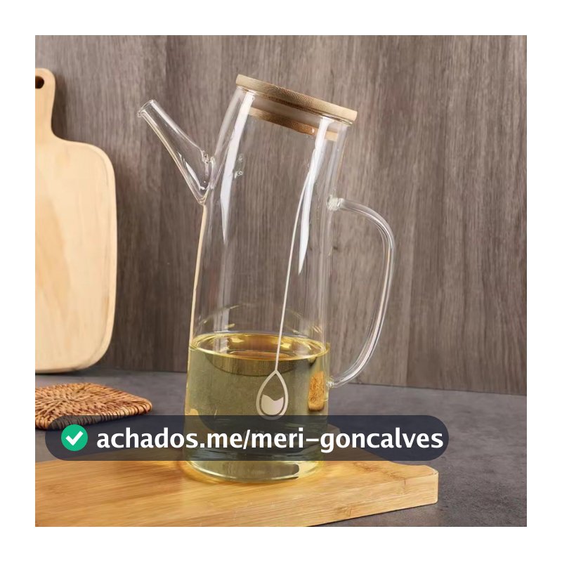 Galheteiro De Vidro Curvo 600ml Com Bico Para Azeite Vinagre Tampa De Bambu