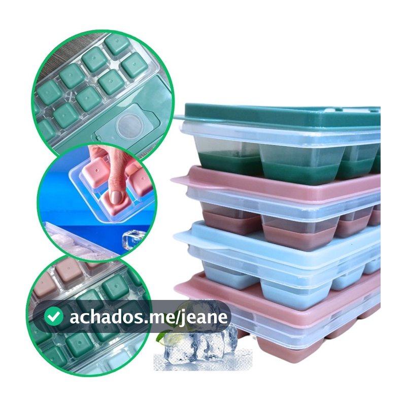 Kit 4 Formas de Gelo Silicone com Tampa Enche Fácil 12 Cubos BPA Free Forminha de Gelo Freezer