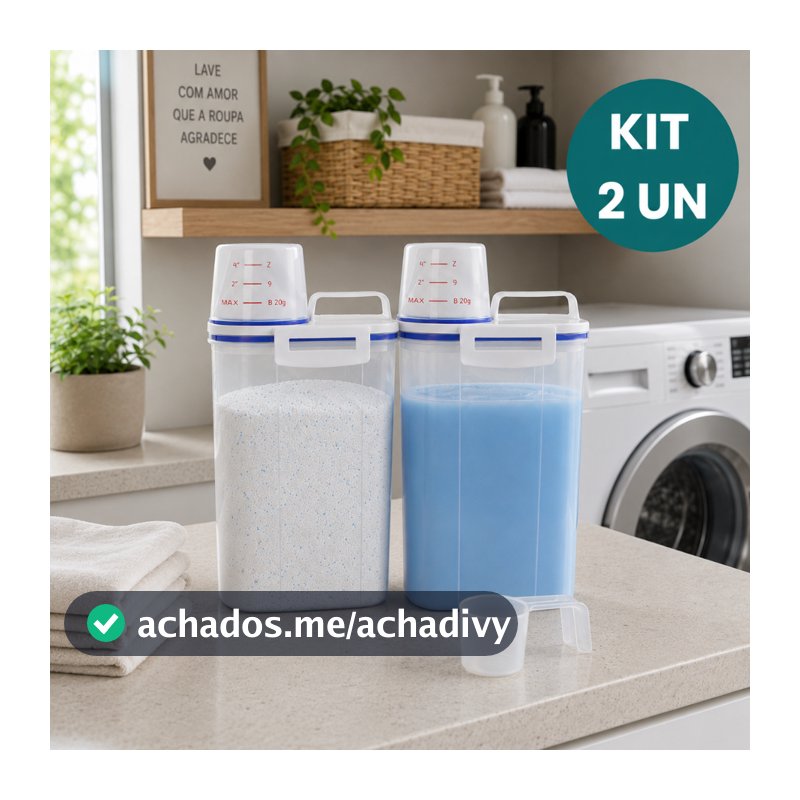 Kit 2 Potes Herméticos 2L Lavanderia Copo Medidor Bico Dosador Porta Sabão em Pó Amaciante Produtos de Limpeza