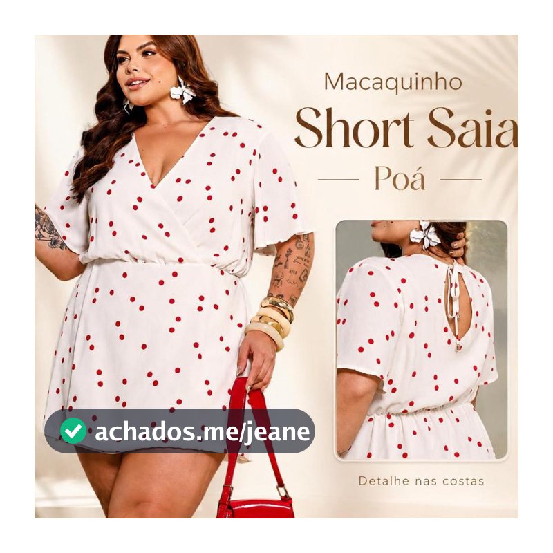 Macaquinho Poá Short Saia e Bolsos Laterais  Feminino Plus Size Do 46 ao 56 grade Plus Size