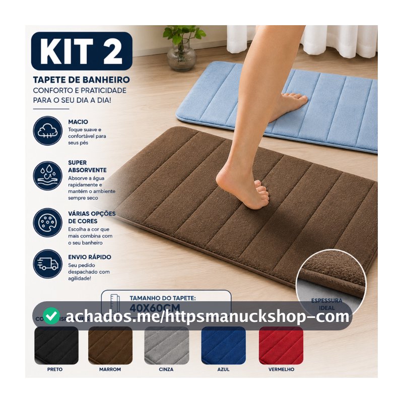 Kit com 2 Tapete Antiderrapante Absorvente Banheiro Quarto Macio Soft Secagem Rapida 60x40