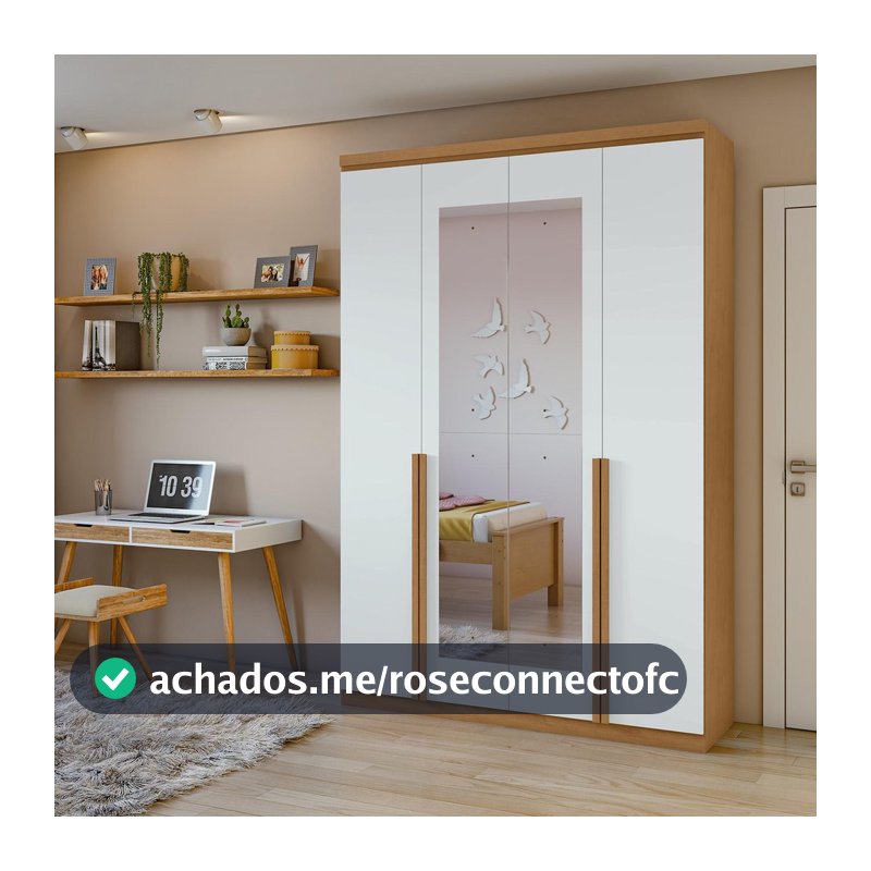 Guarda-Roupa Solteiro 100%MDF Alonzo 4 Portas com Espelho Amendoa/Branco
