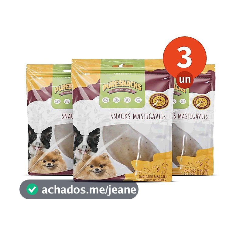 Kit Mordedor Petisco Orelha Bovina 100% Natural 3 Unidades para Cães PureSnacks 30g