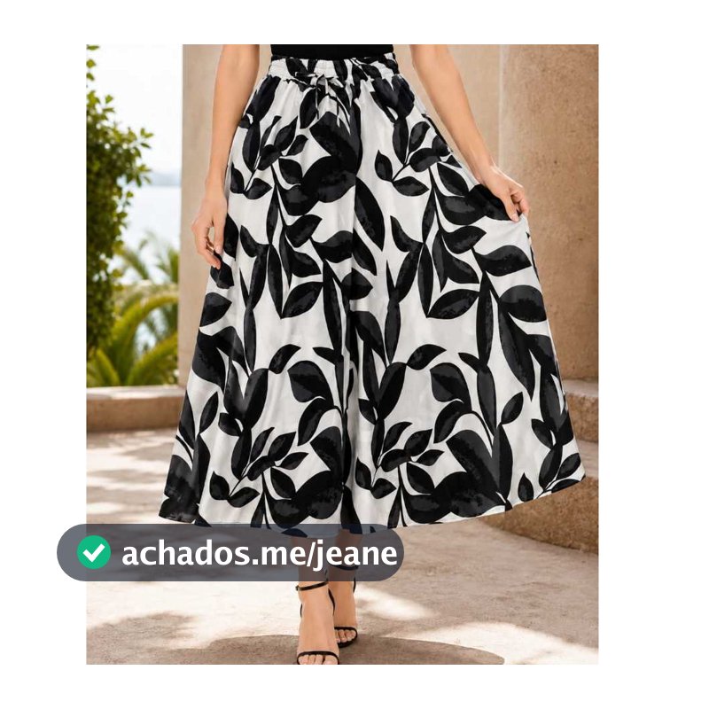 Saia midi estampa folhas, linda e confortável para o verão