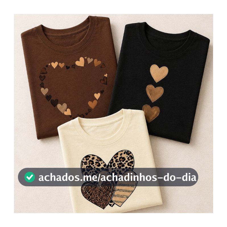 Kit 3 Baby Look Feminina Camisetas Coração Oncinha Algodão Bege Marrom Preto Manga Curta Casual Confortável Estilosa Top