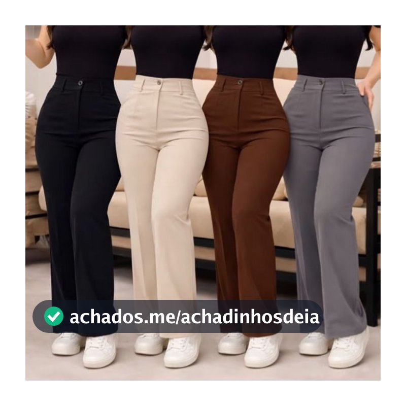 Calça Feminina Wide Leg Pantalona Alfaiataria Cintura Alta Zíper Lateral Botão Bolsos Laterais Social
