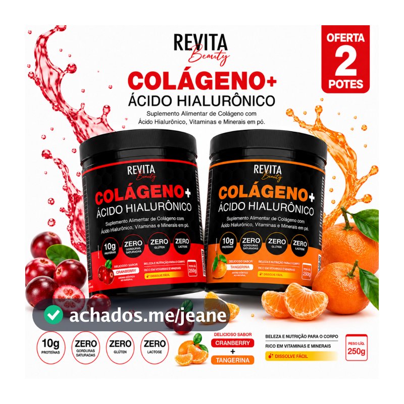 Colágeno Hidrolisado + Ácido Hialurônico Zero Açúcar - Kit Com 1ou 2 Potes 250g - Envio Imediato