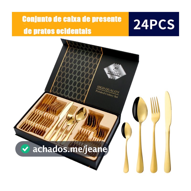 Faqueiro 24 Peças Aço Inoxidável Conjunto Talheres Faca Garfo Colher Caixa Presente Luxo, Cores Dourado e Prata