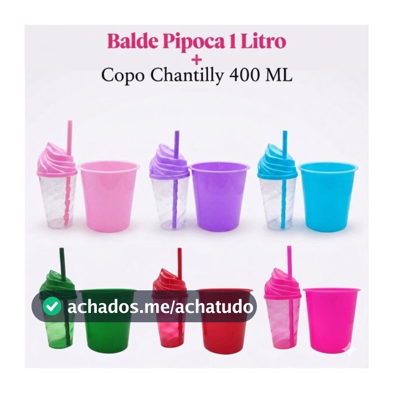 40 Itens Kit Festa Lembrancinha Liso -  20 Balde De Pipoca 1LT + 20 Copo Chantily