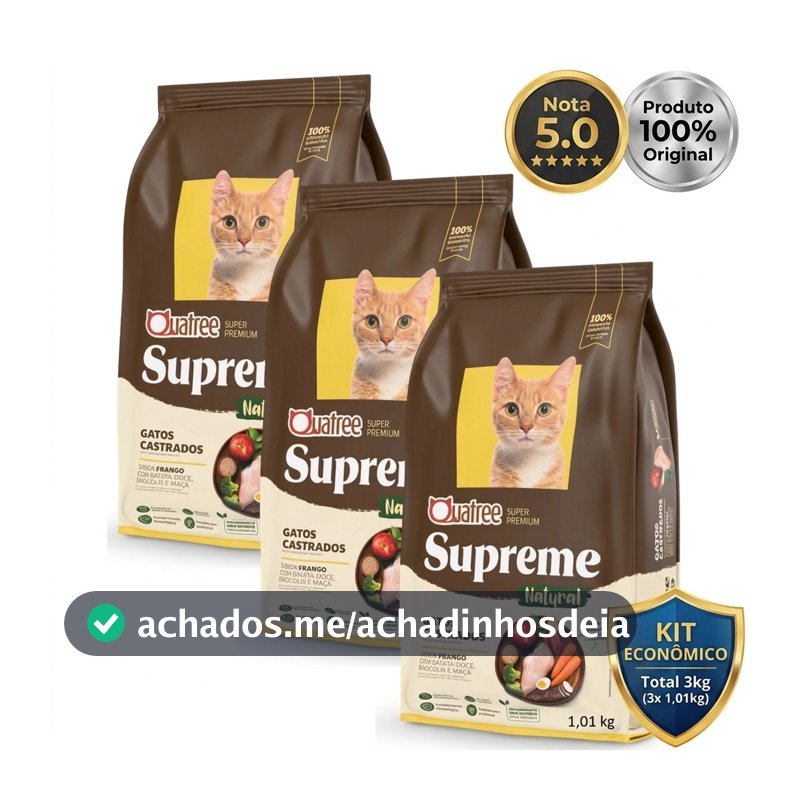 KIT 3 RAÇÃO QUATREE SUPREME GATO CASTRADO FRANGO E BATATA DOCE OU SALMÃO E BATATA DOCE = 3 KG