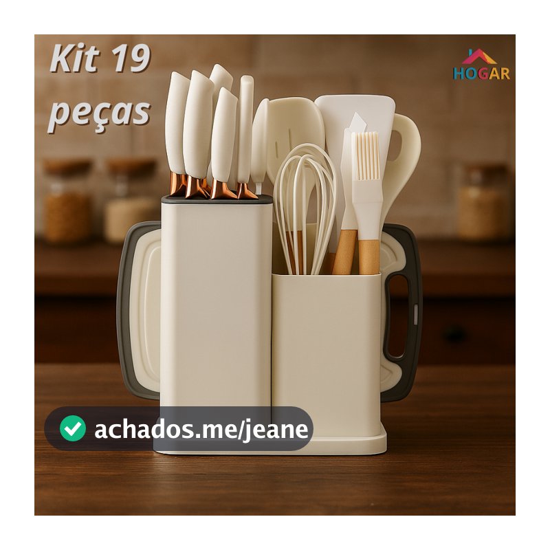 KIT 19 Peças Conjunto de Utensílios de Silicone com Cabo de Madeira e Kit de Facas com Tábua