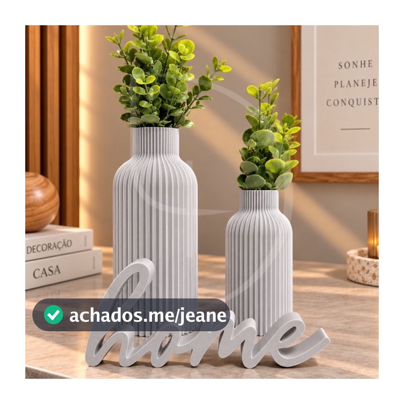 Kit Decoração Vasos Canelados Minimalista Planta Artificial Inclusa Letreiro Home Enfeite Sala Rack Aparador Presente