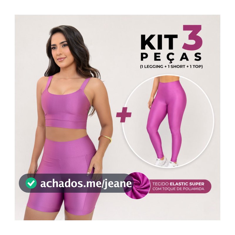 Conjunto Fitness Feminino Kit 3 Peças – Top + Short com Bolso + Calça Legging 0 Transparência