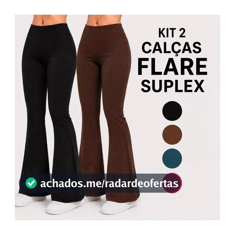 Kit 2 Calças Legging Flare Leg Bailarina Feminina Suplex Cintura Alta Sem Transparência Cós alto Calça Boca de Sino