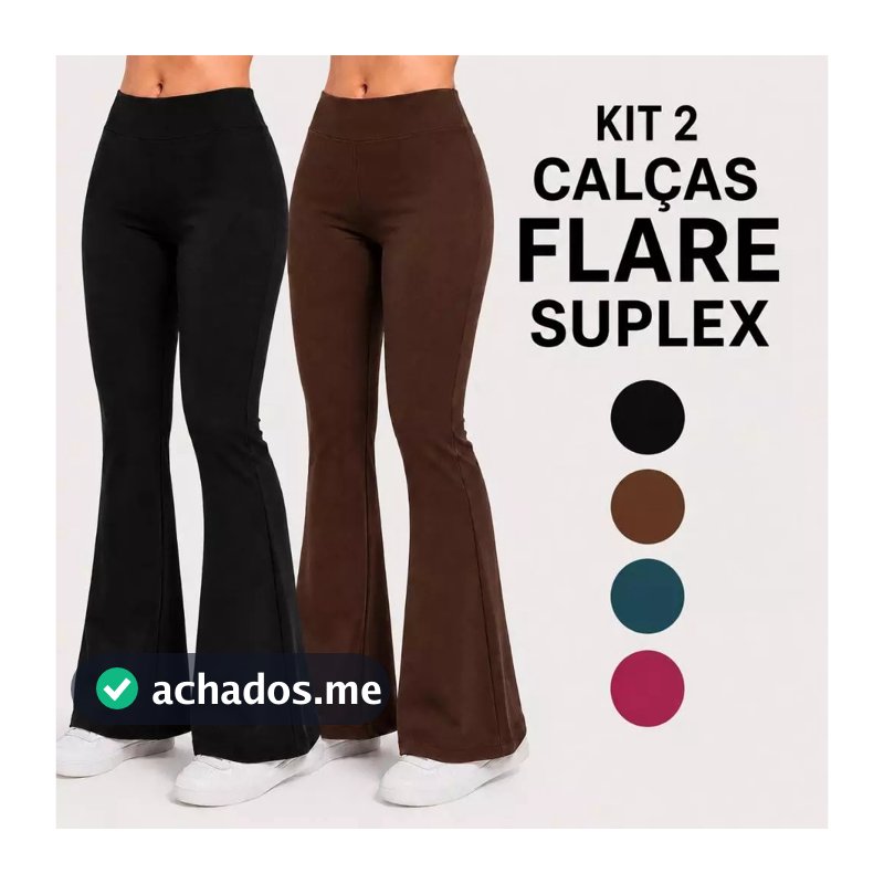 Kit 2 Calças Legging Flare Leg Bailarina Feminina Suplex Cintura Alta Sem Transparência Cós alto Calça Boca de Sino