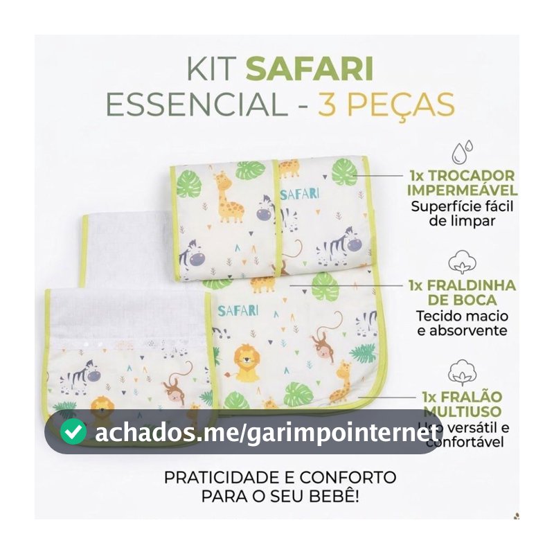 Kit Enxoval Bebê 3 Peças Safari - Trocador Impermeável + Fralda de Boca + Fraldão Multiuso