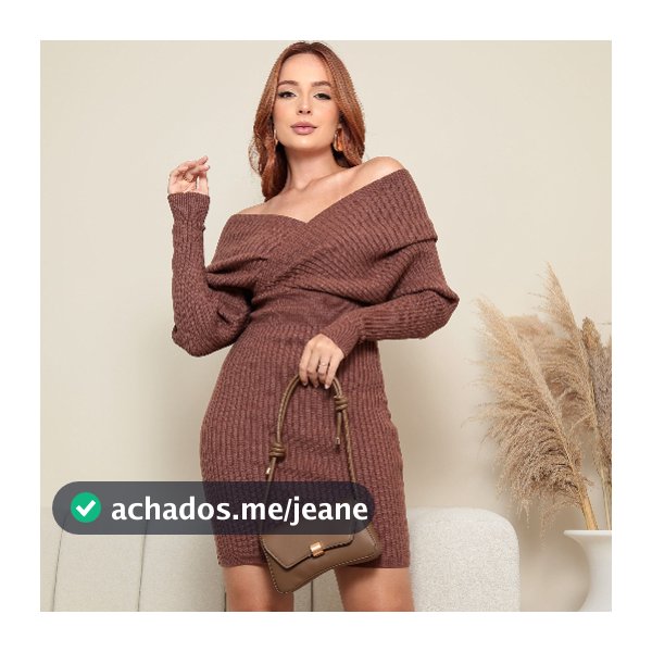 Vestido Midi Manga Longa Canelado Gola Transpassada Ombro Caido Decote Moderno Elegante
