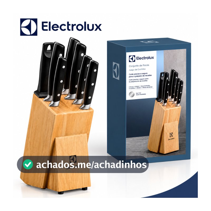 Jogo de Facas 8 Peças em Aço Inox com Bloco de Madeira para Cozinha