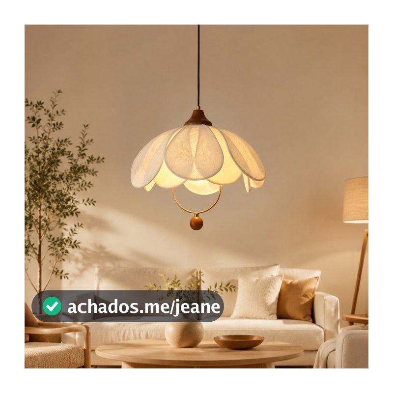 Luminária Pendente Floral Luz Suave Acolhedora Pétala Tecido Madeira Maciça Sala Jantar Sala Estar Quarto Decoração Wabi
