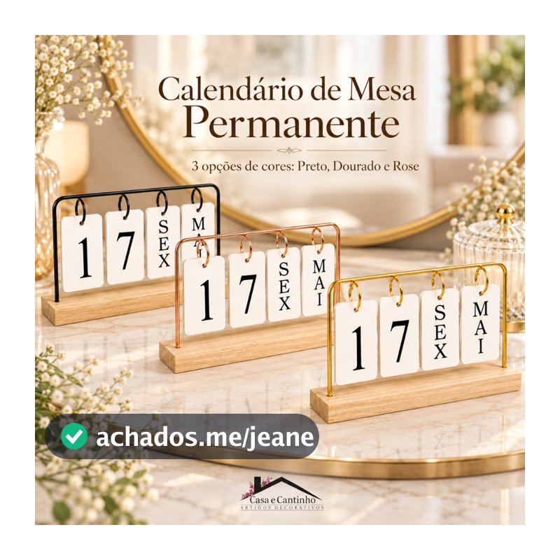 Calendário de Mesa Decorativo com Plaquinhas Preto/Dourado Permanente Escritório