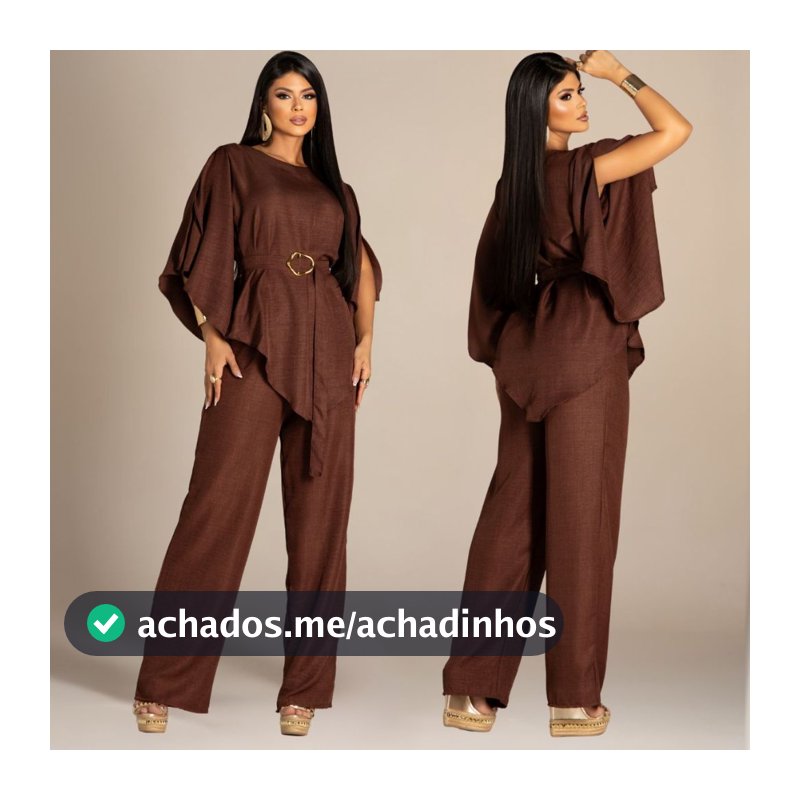 ⁠Conjunto Blusa Calça e Pantalona Tecido Crepe dunas Elegante Soltinha Perna Larga Wide Leg Com Cinto Manga Compida