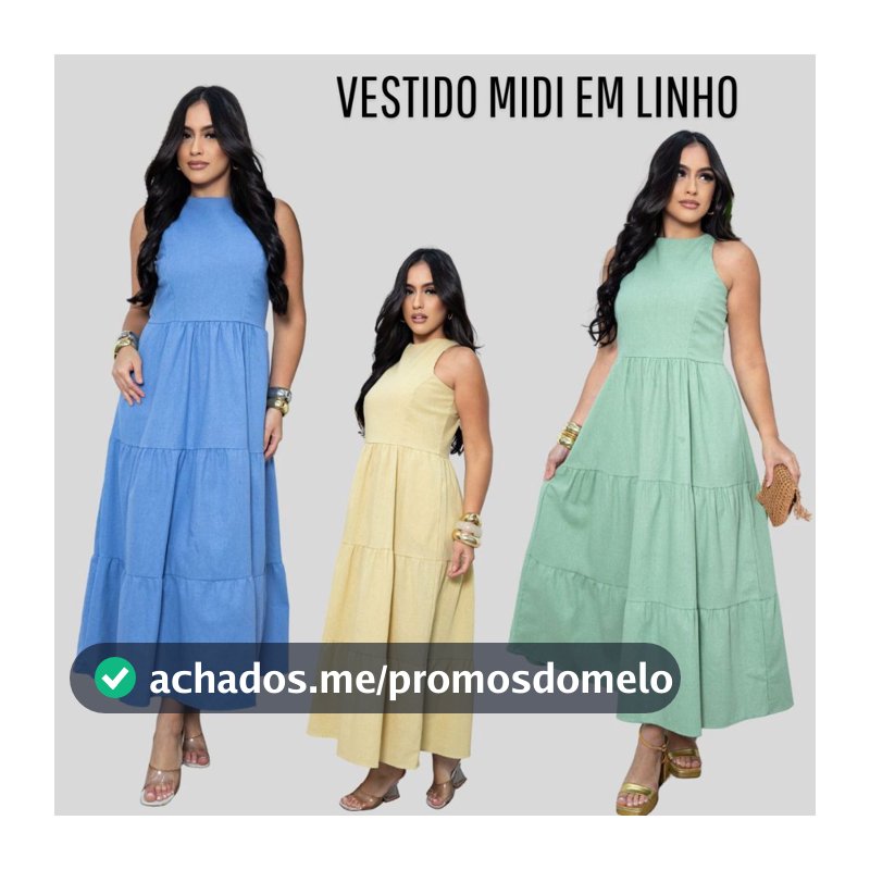 Vestido Midi Linho Feminino Elegante Casual Alfaiataria Bolsos Laterais Atemporal