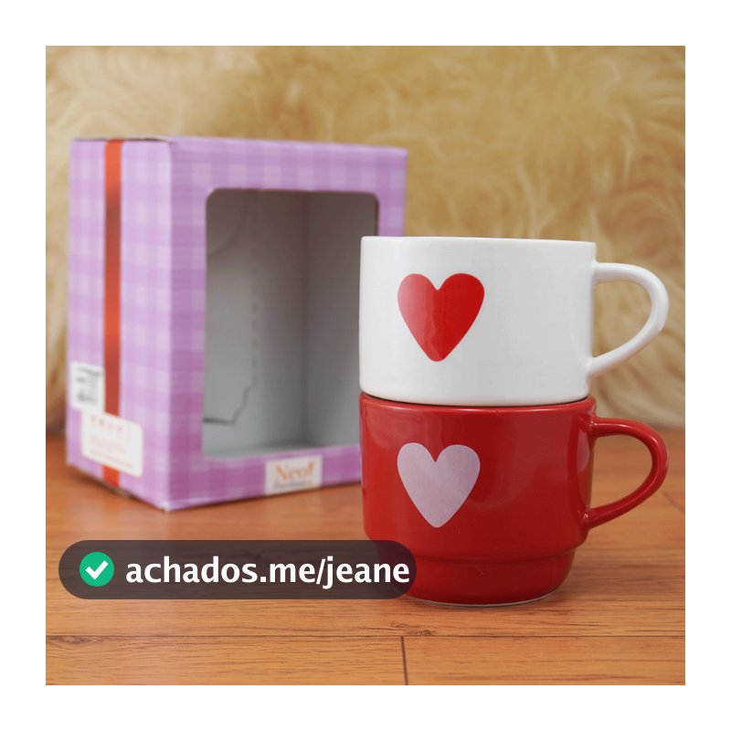Linha Presente  2 Xícaras Empilhável 210ml em Porcelana café chá Coração Branco/Vermelho