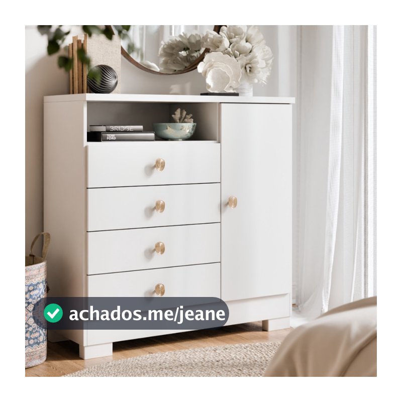 Cômoda Amalfi Organizadora 4 Gavetas 1 Porta Nicho Quarto c/ Puxadores Dourados - Blue Moby