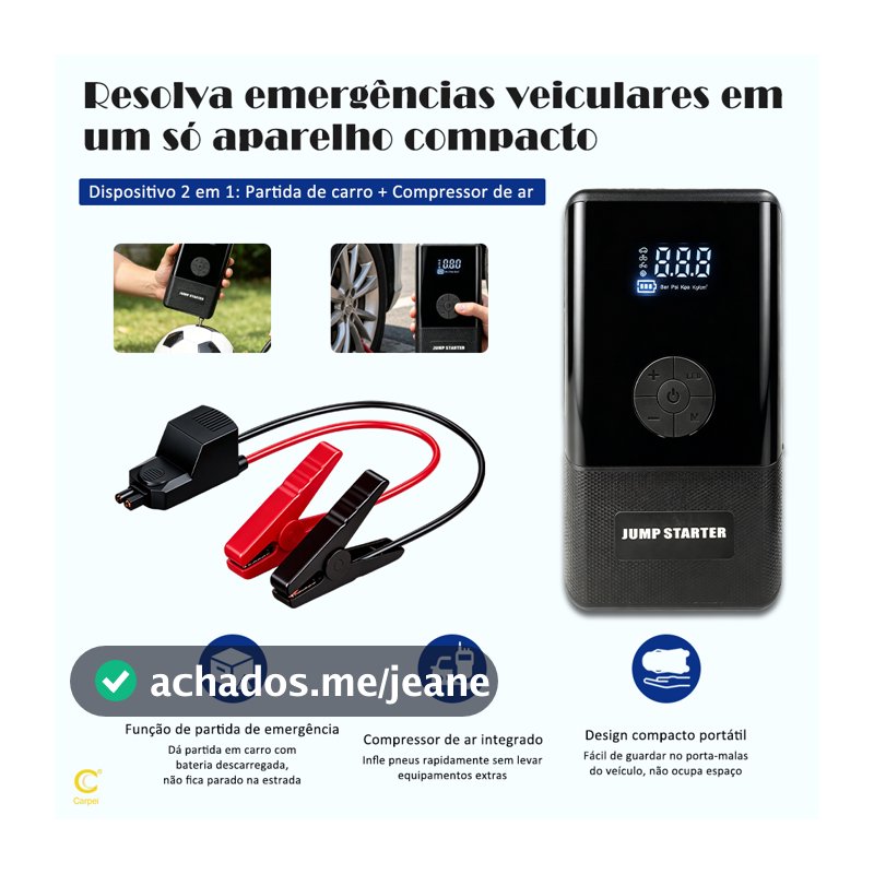 4 em 1 Auxiliador Partida Compressor de Ar PowerBank Portátil Multifuncional Carregamento 12V Carpei