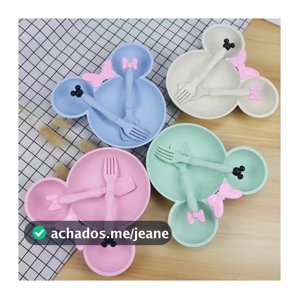Prato Infantil Minnie Mickey Colorido Com Divisórias + Talheres Plástico Orgânico Ecológico Crianças