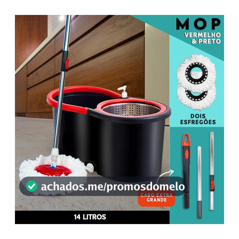 Mop Giratório C/ cabo de 140 cm + 2 Refis Balde Centrífuga Cesto Em Inox Com Rodinhas - SHEFA