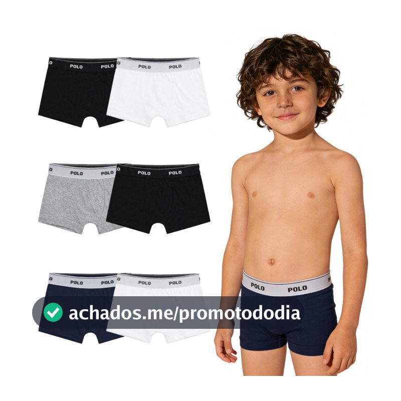 Kit 6 Cuecas Boxer Infantil Polo Cotton 100% Algodão Forro Duplo Confortável