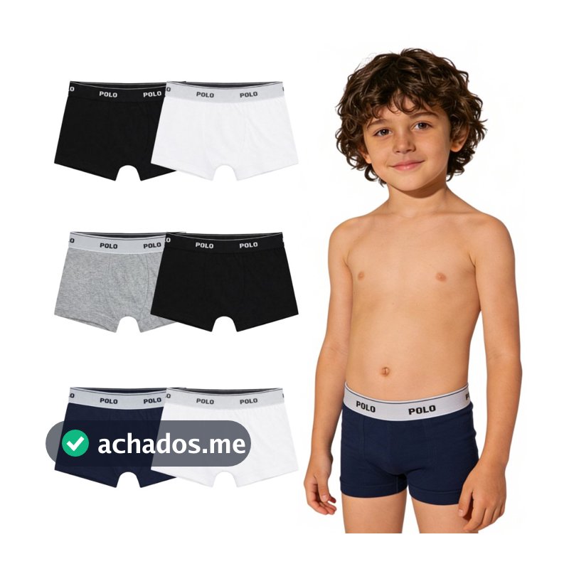 Kit 6 Cuecas Boxer Infantil Polo Cotton 100% Algodão Forro Duplo Confortável