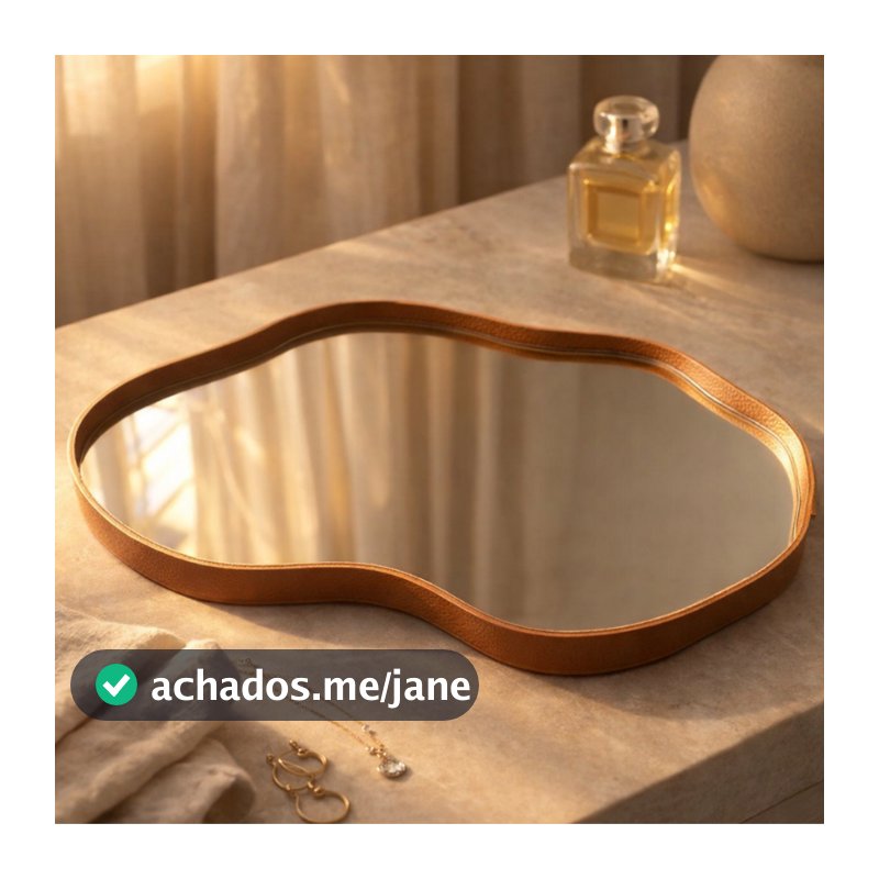 Bandeja Espelhada Decorativa Orgânico Couro Ecológico Premium 38x26cm Sala Quarto Banheiro Mesa Hall