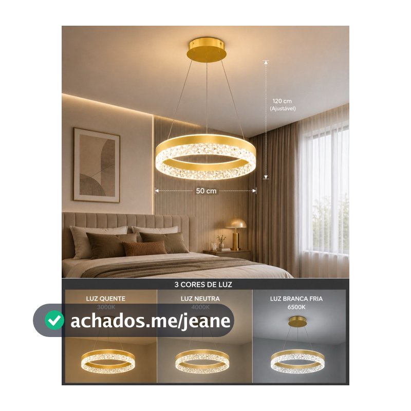 Lustre Pendente LED Moderno Cristal K9 Premium 50cm 3 Cores de Luz Bivolt para Sala Quarto e Escritório