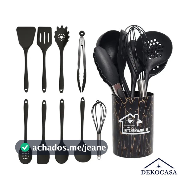 Kit 18 Utensílios Cozinha Silicone Preto Cabo Silicone Antiaderente Luxo Sofisticado Completo