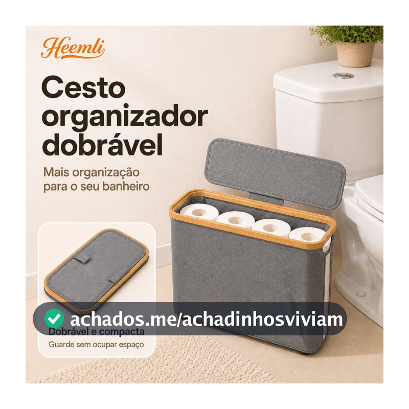 Cesto Organizador Dobrável Heemli com Tampa e Visor para Banheiro Quarto e Guarda-Roupa
