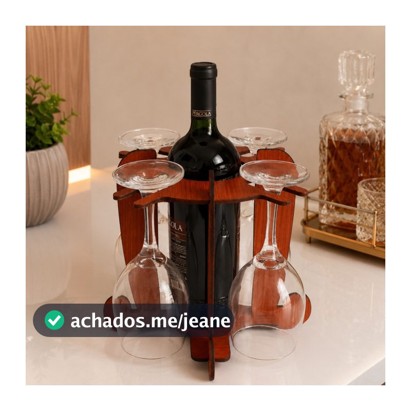 Adega de Vinhos Licor MDF Suporte 4 Taças Porta Garrafas Organizador Bancada Mesa Decoração