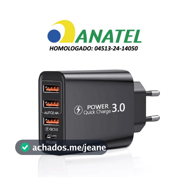Carregador Fonte Turbo 3.0 36W 3 USB + Tipo C Rápido Universal. Certificado e Homologado Anatel!