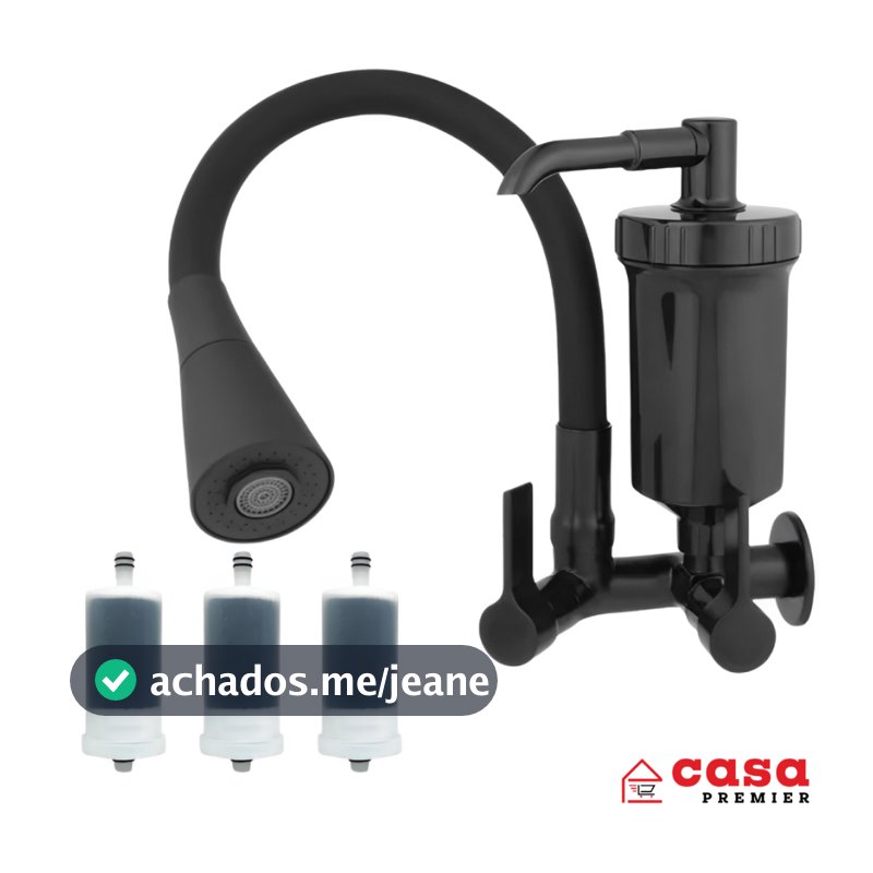 Torneira Cozinha Parede Filtro ABS Flexível Preta Gourmet Luxo Metal + 3 Refil Universal Pró-saúde