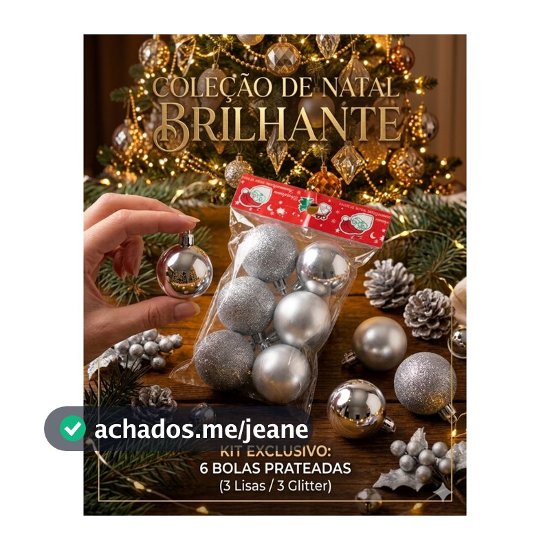 KIT COM 6 BOLAS DE NATAL PRATA MISTAS COM GLITTER 4 CM NO SAQUINHO