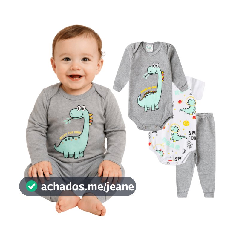 Conjunto Bebê 3 Peças Dinossauro 100% Algodão RN ao GG 2 Bodys Manga Longa + Calça Unissex Enxoval