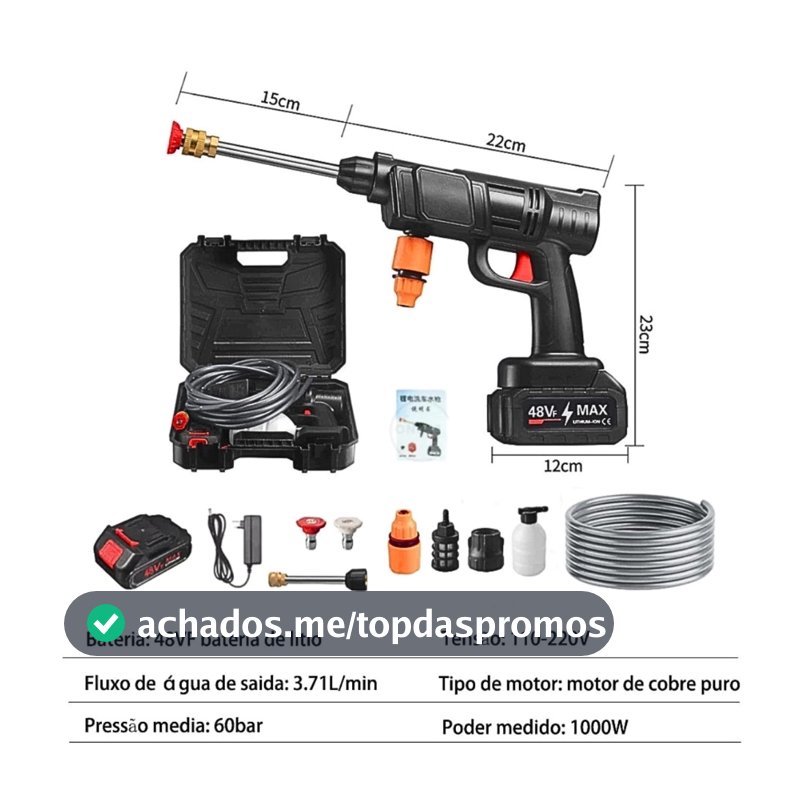 Lava Jato de Alta Pressão Pistola Portátil 48V Com 2 Bateria Lavadora Profissional Sem Fio Recarregável a Bateria
