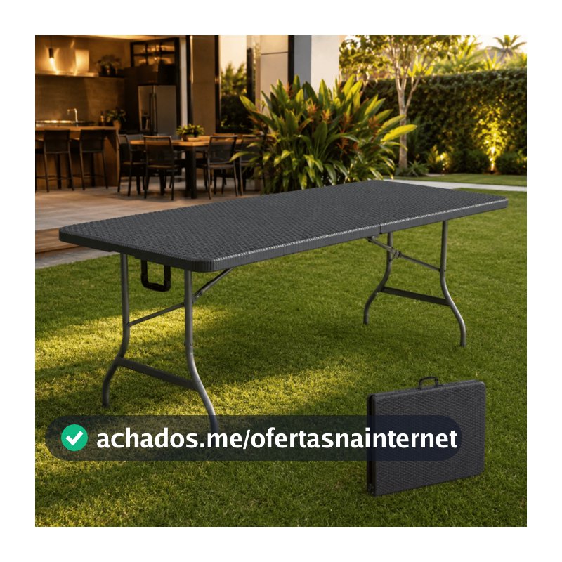Mesa Dobrável Preta 1,80m Vira Maleta Portátil Plástico Reforçado Alça Camping Churrasco Nakasaki