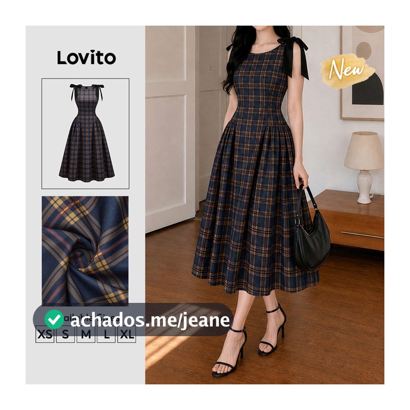 Lovito Vestido Feminino Xadrez Casual com Amarração e Drapeado Modelo Longo A Primavera Verão Fim de Semana DRB204P1D402