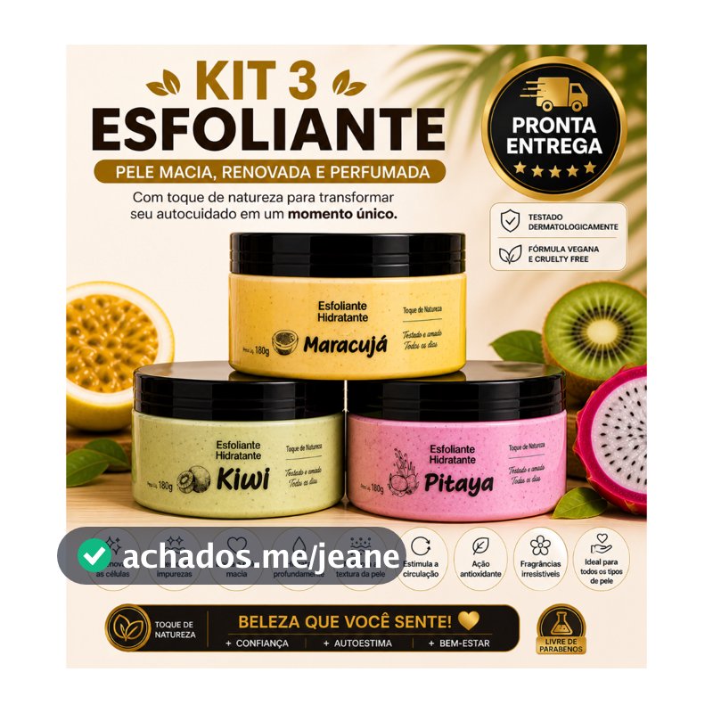 kit 3 esfoliantes 180 g pele macia e hidratada , limpeza produnda, remove impurezas e renova a pele envio imediato
