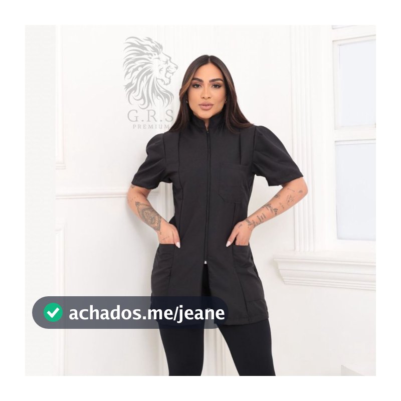 Jaleco Preto Feminino Personalizado Com Manga Bufante Gola Padre Ziper Tecido Alfaiataria
